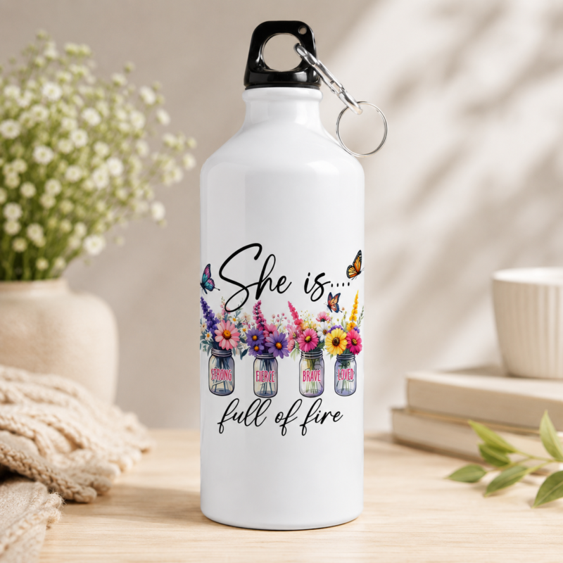 White motivational water bottle for women with colorful flowers, butterflies and “She is full of fire” design