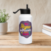 White motivational water bottle with colorful inspirational quote design
