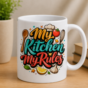 My Kitchen My Rules sticker with colorful cooking utensils, food illustrations and bold lettering