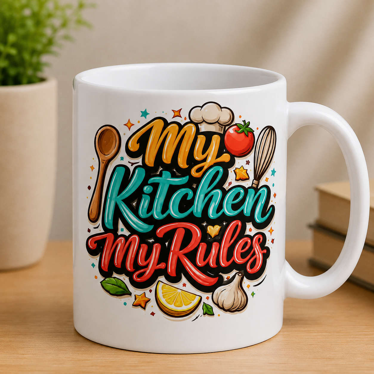 My Kitchen My Rules sticker with colorful cooking utensils, food illustrations and bold lettering