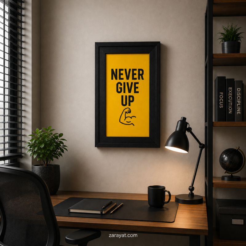 Never Give Up motivational poster with bold black text and flexed arm illustration on a yellow background