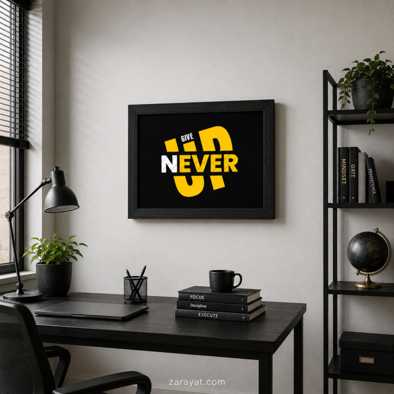 Never Give Up motivational wall art in a black frame above a modern office desk