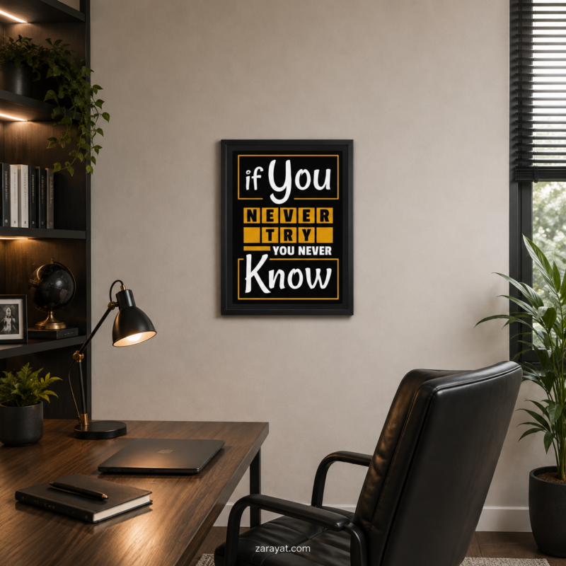 Never Try motivational wall art poster with white and yellow typography on black background