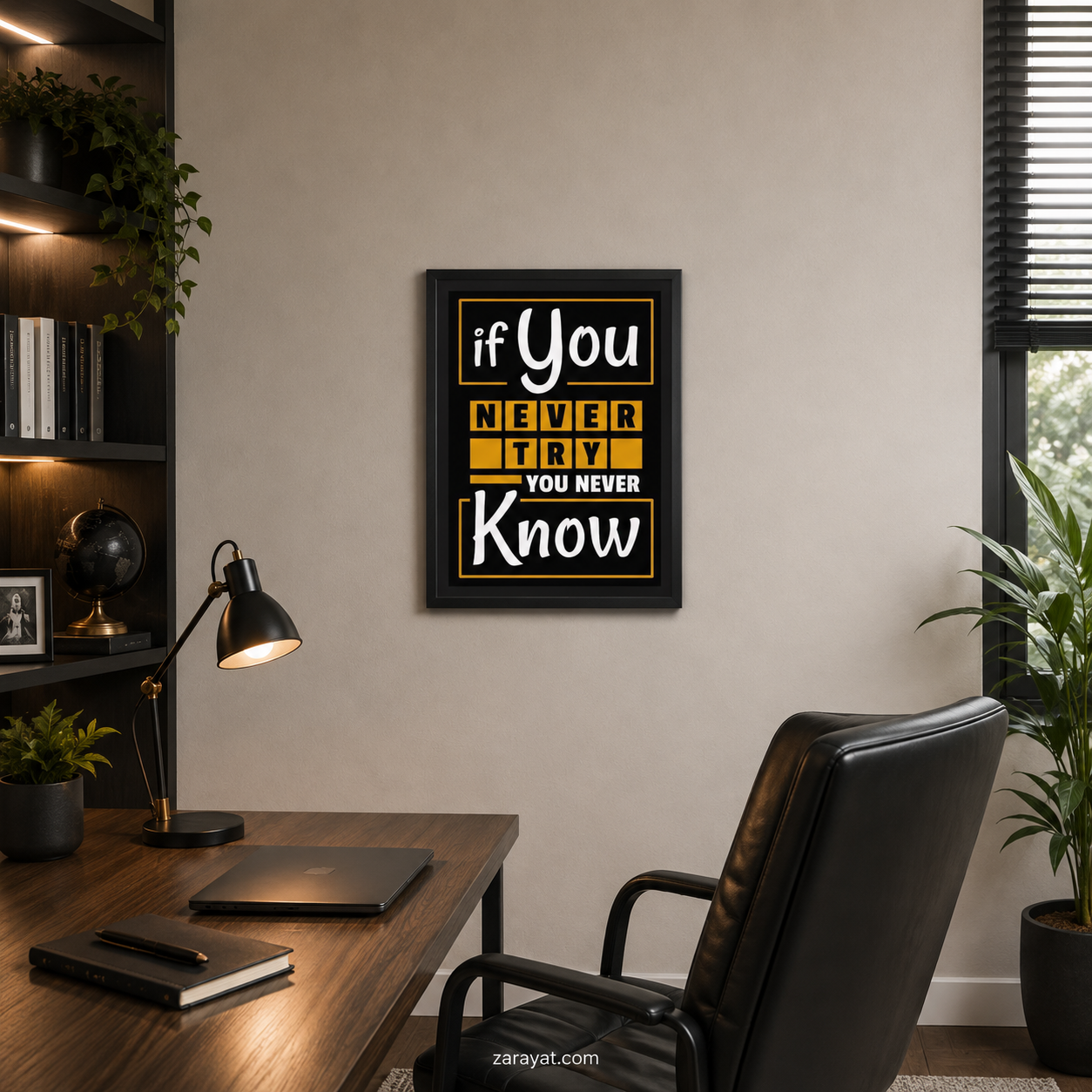 Never Try motivational wall art poster with white and yellow typography on black background
