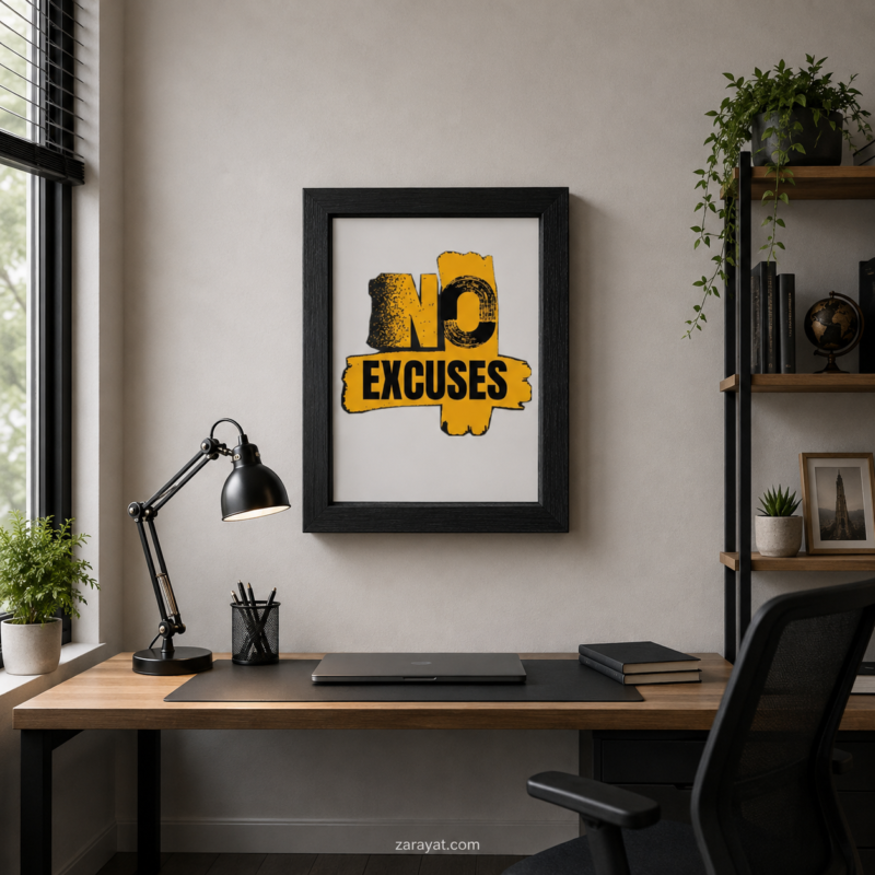 No Excuses motivational wall art with bold black typography and orange graphic background