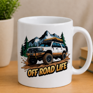 Off Road Life sticker featuring a 4x4 vehicle on a muddy mountain trail with pine trees