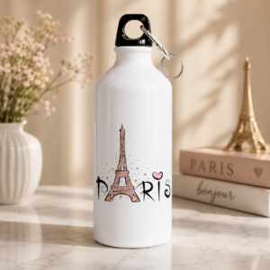 White Paris water bottle with Eiffel Tower graphic, pink heart and gold decorative accents