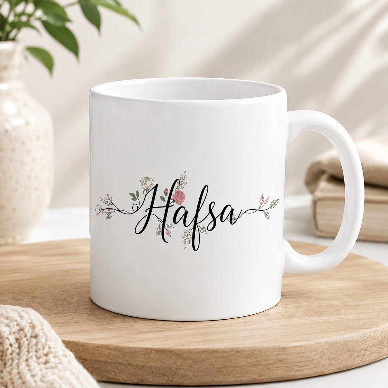 White personalized Aafsa name mug with elegant black script and delicate floral botanical design