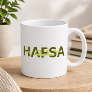 White personalized Hafsa name mug with olive-green lettering and Arabic calligraphy design