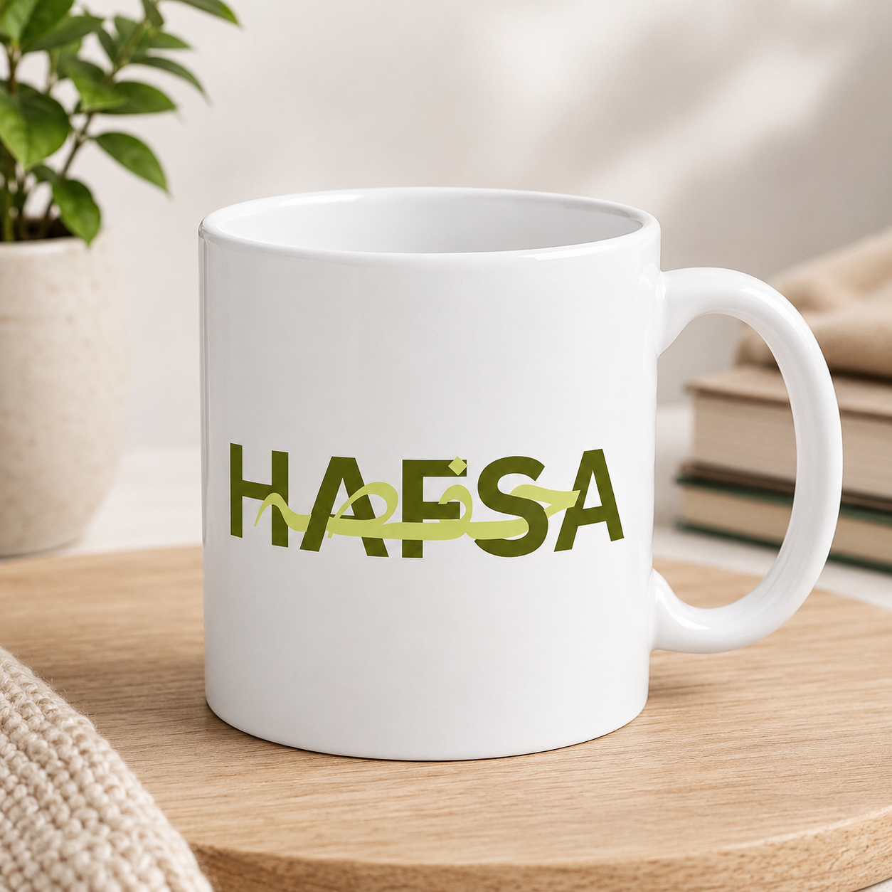 White personalized Hafsa name mug with olive-green lettering and Arabic calligraphy design