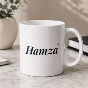White personalized Hamza name mug with elegant black typography and decorative sparkle