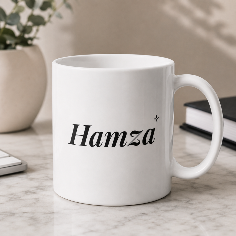 White personalized Hamza name mug with elegant black typography and decorative sparkle