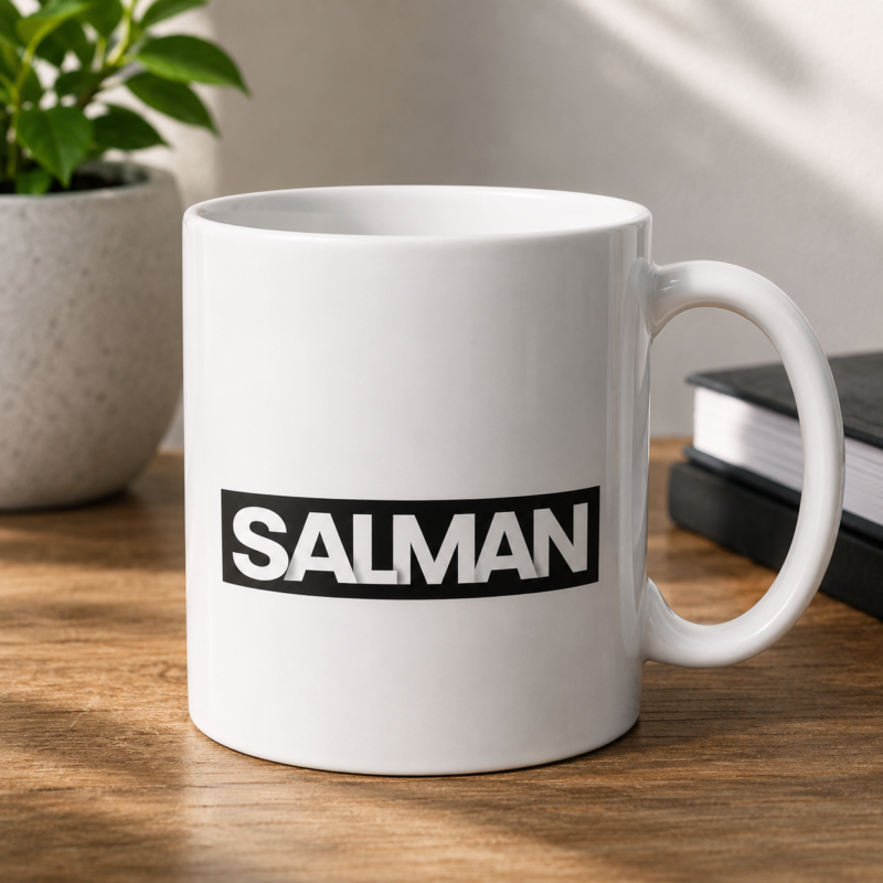 White personalized Salman name mug with bold white lettering on a black rectangular design