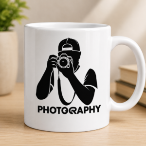 Black and white photography graphic design featuring a photographer holding a camera