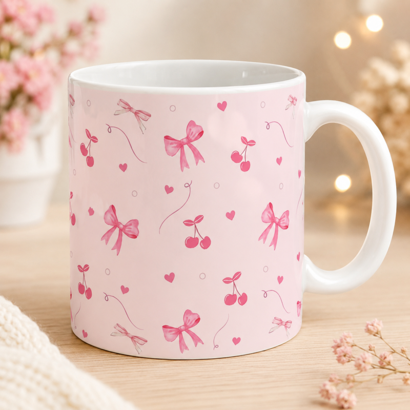 Pink Bow & Cherry Pattern White Mug