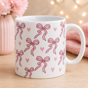 Pink Bow & Heart Pattern White Mug