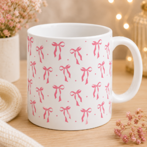 Pink Bow Pattern White Mug with Cute Ribbon Design