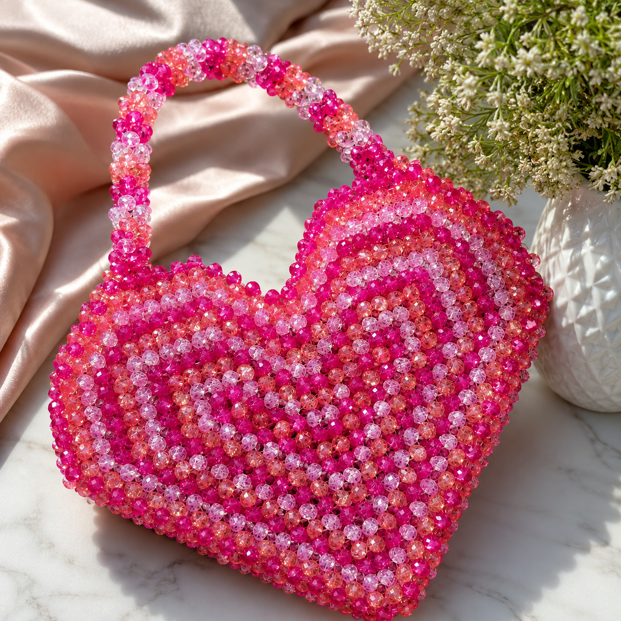 Pink Crystal Heart Beaded Handmade Bag