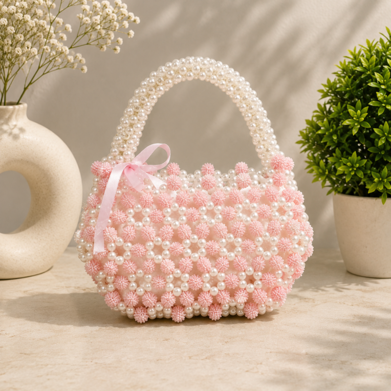 Pink Pearl Beaded Handmade Bow Bag