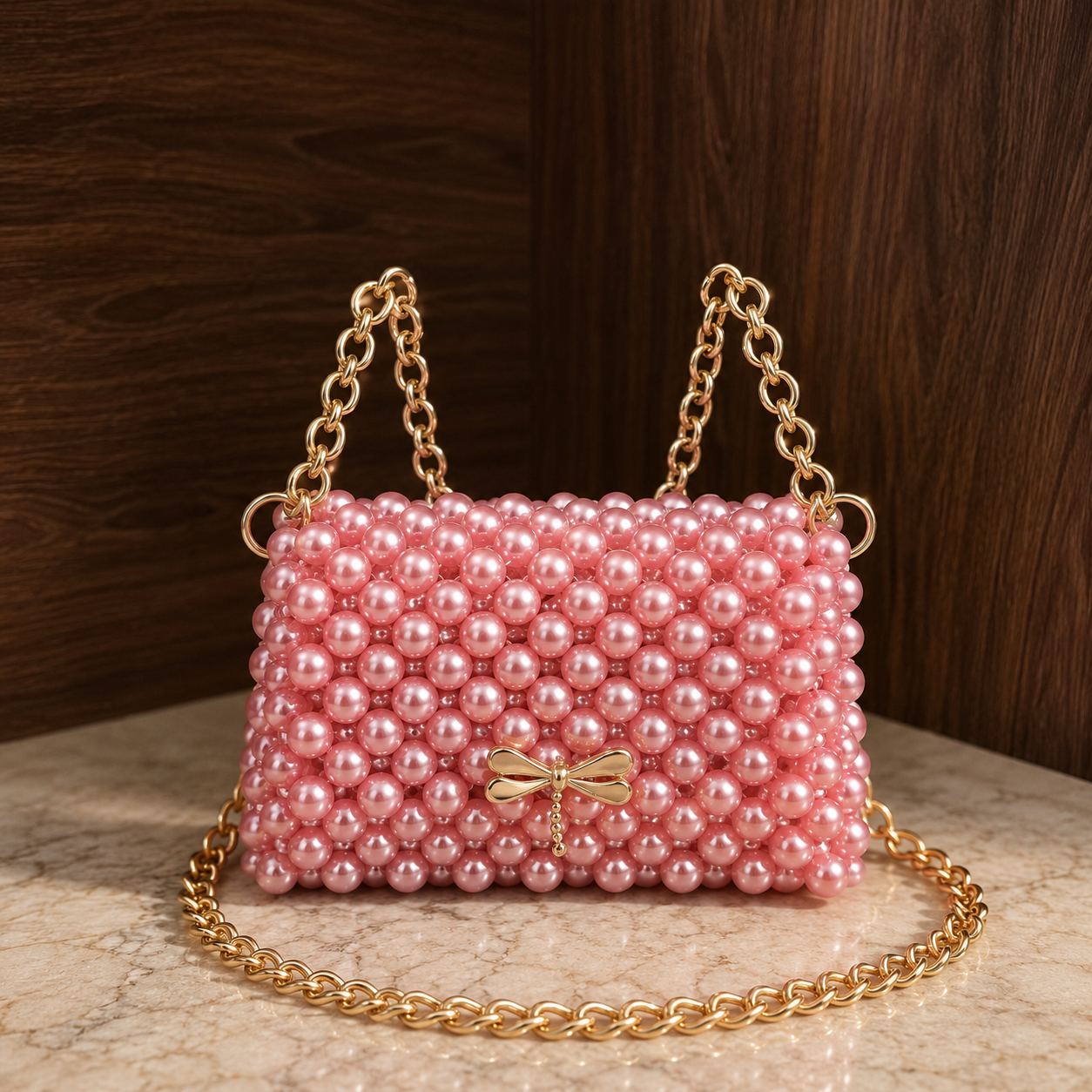 Pink Pearl Beaded Handmade Chain Bag