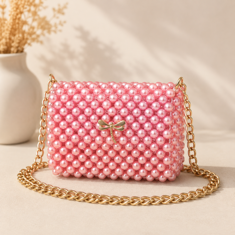 Pink Pearl Beaded Handmade Chain Bag