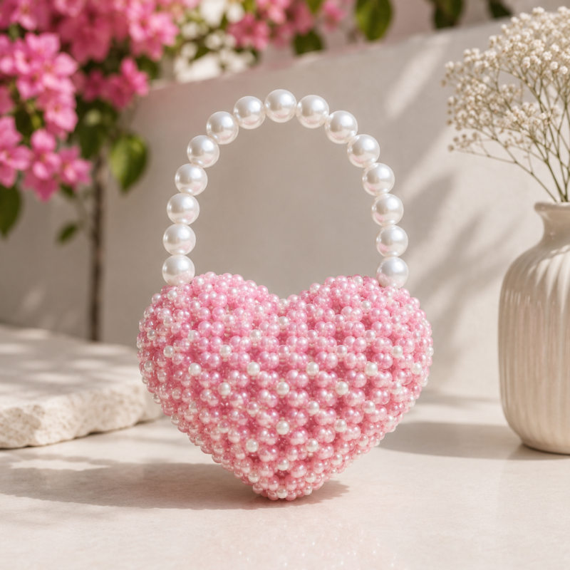 Pink Pearl Beaded Heart-Shaped Handmade Bag