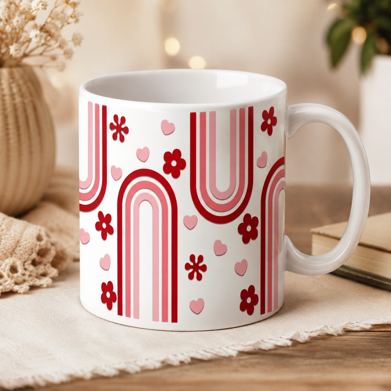 Pink & Red Heart Flower Pattern Ceramic Mug