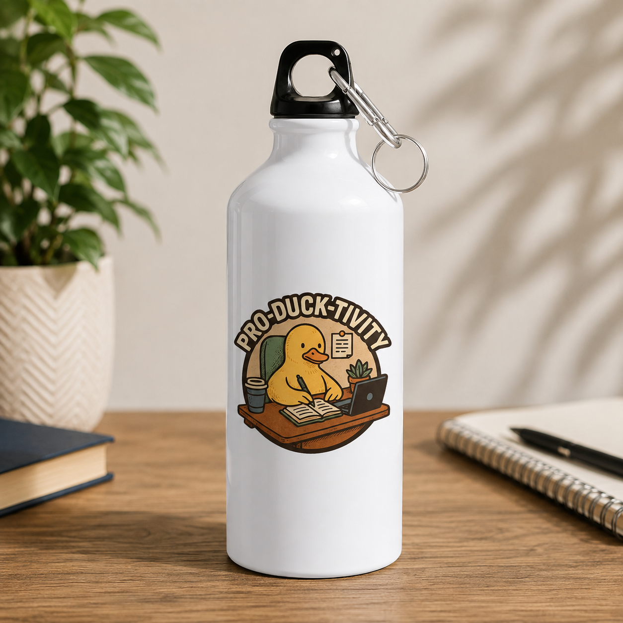 White productivity water bottle with funny cartoon duck working at a desk and PRO-DUCK-TIVITY design