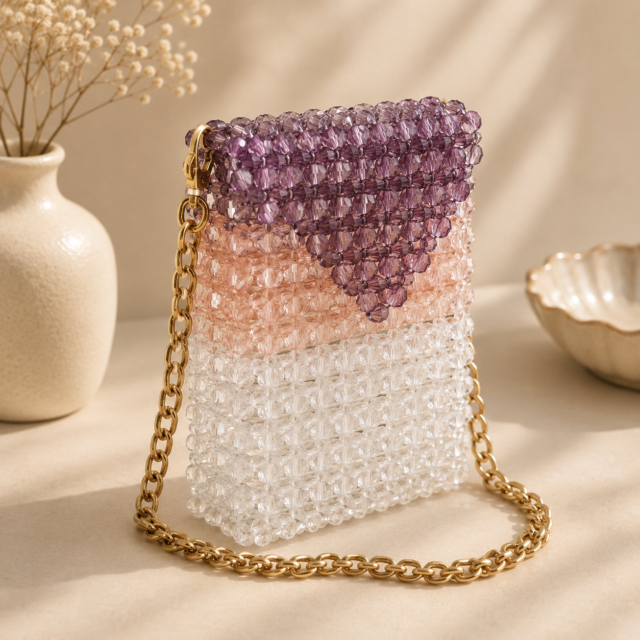 Purple & Blush Crystal Beaded Handmade Chain Bag