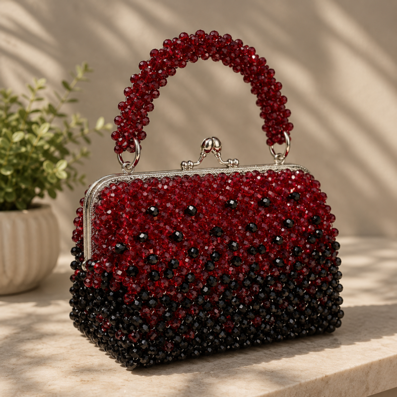 Red Black Beaded Handmade Frame Bag