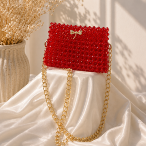 Red Crystal Beaded Handmade Chain Clutch Bag