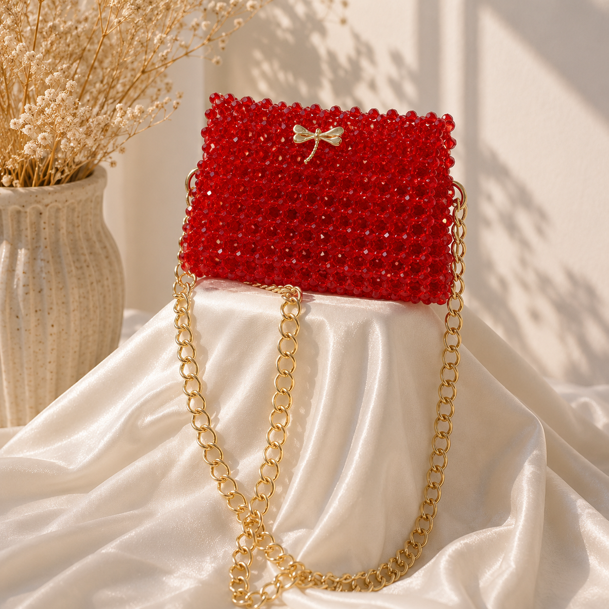 Red Crystal Beaded Handmade Chain Clutch Bag