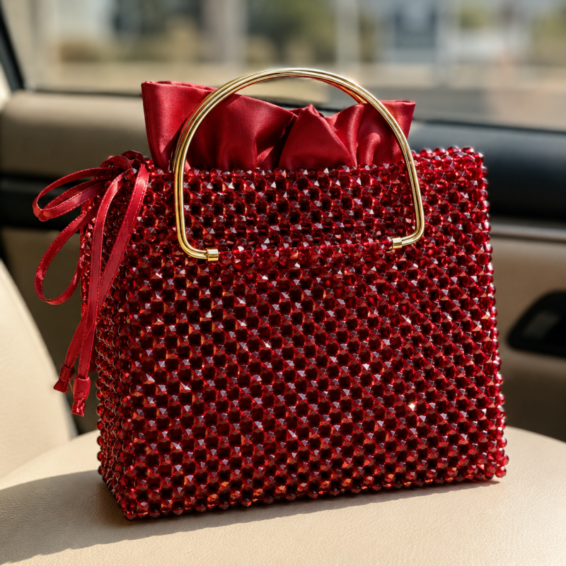 Red Crystal Beaded Handmade Handbag with Gold-Tone Handle