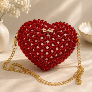 Red Crystal Beaded Heart-Shaped Handmade Chain Bag