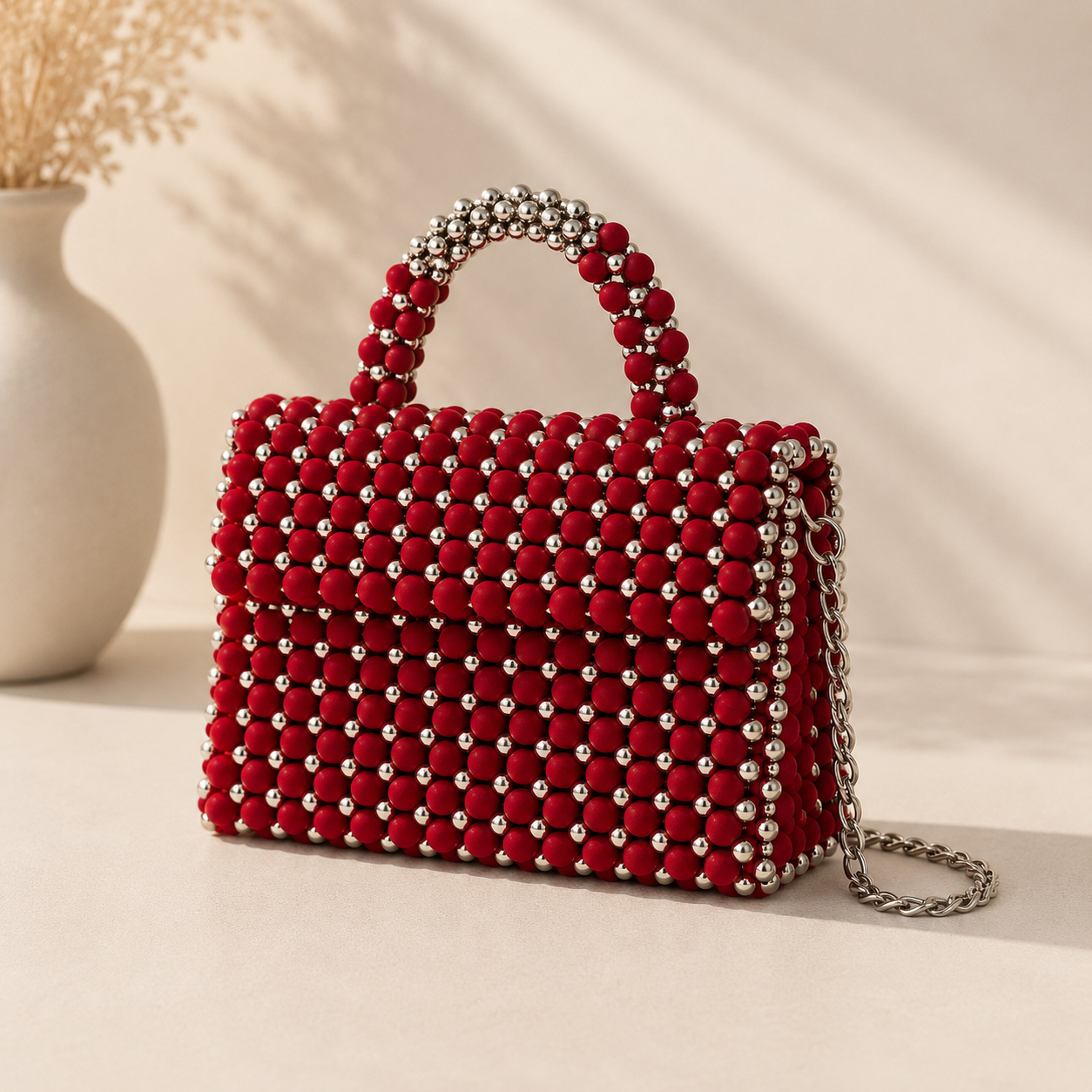 Red Silver Beaded Handmade Chain Bag