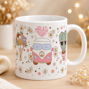 Retro Hippie Peace Van Floral Pattern White Mug