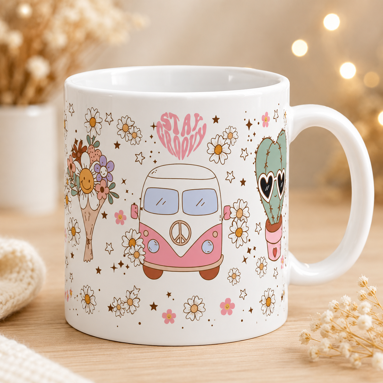 Retro Hippie Peace Van Floral Pattern White Mug