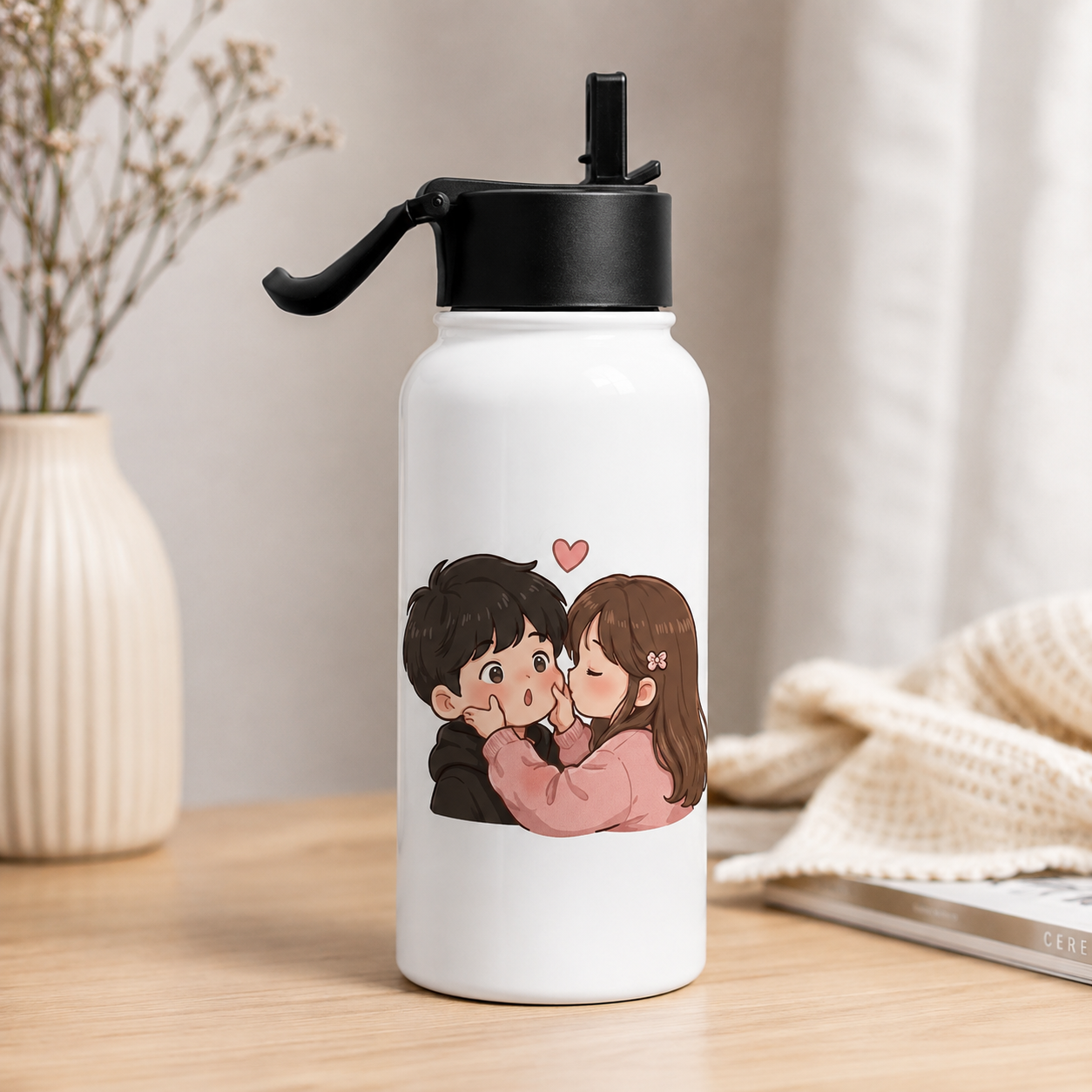 White romantic couple water bottle with cute cartoon couple and heart graphic