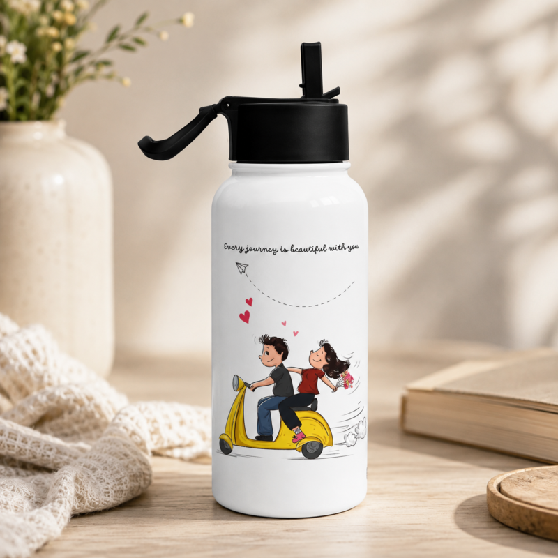 White romantic couple printed water bottle with yellow scooter, hearts and love message