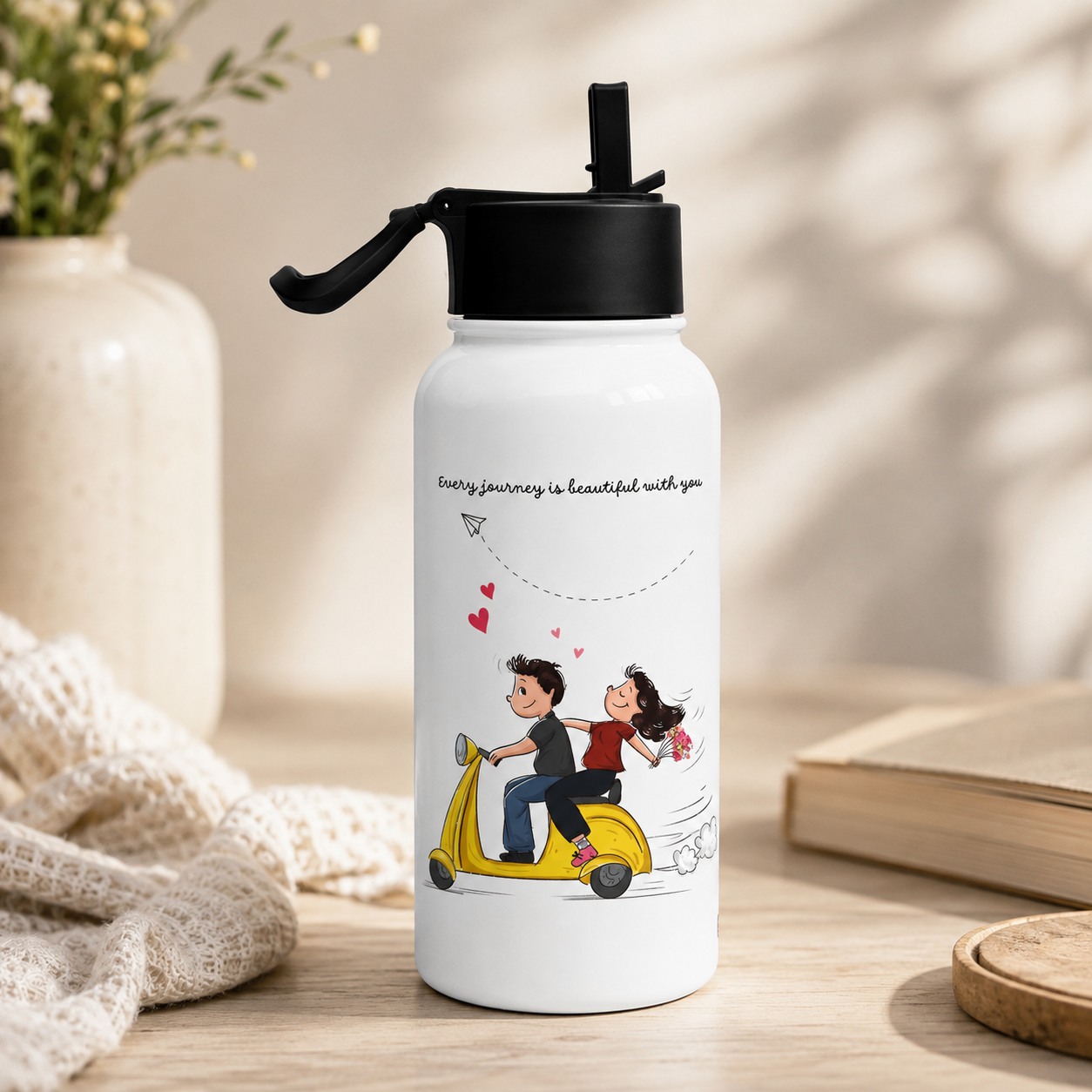 White romantic couple printed water bottle with yellow scooter, hearts and love message