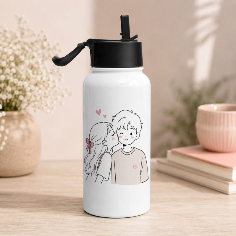 White romantic couple water bottle with cute kissing illustration and pink hearts