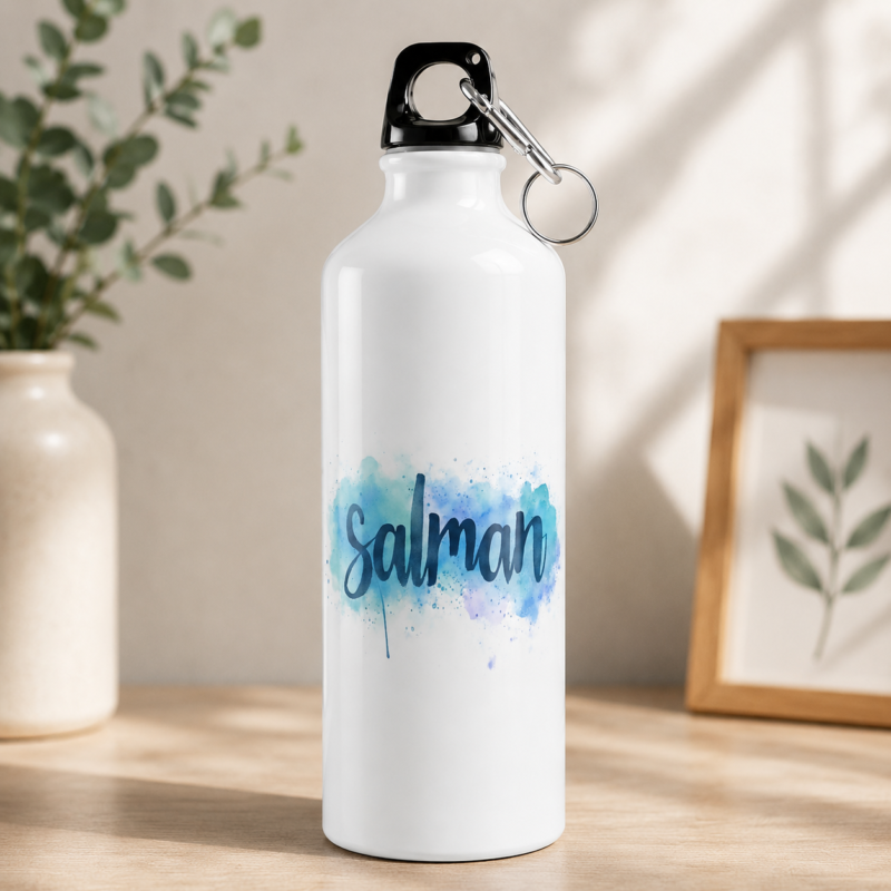 Salman name water bottle with blue script lettering and watercolor splash design on a white bottle