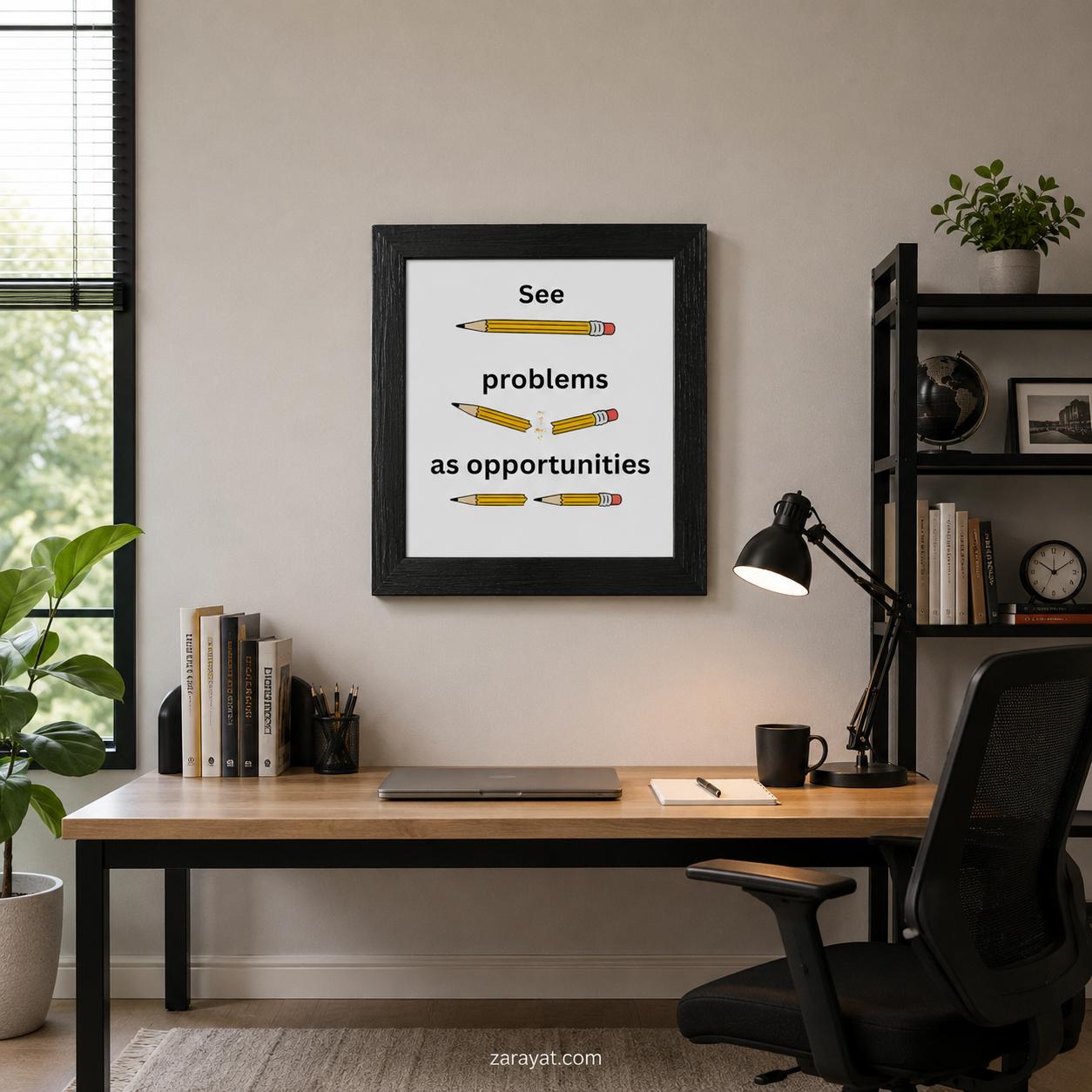See Problems as Opportunities motivational framed wall art with pencil illustrations