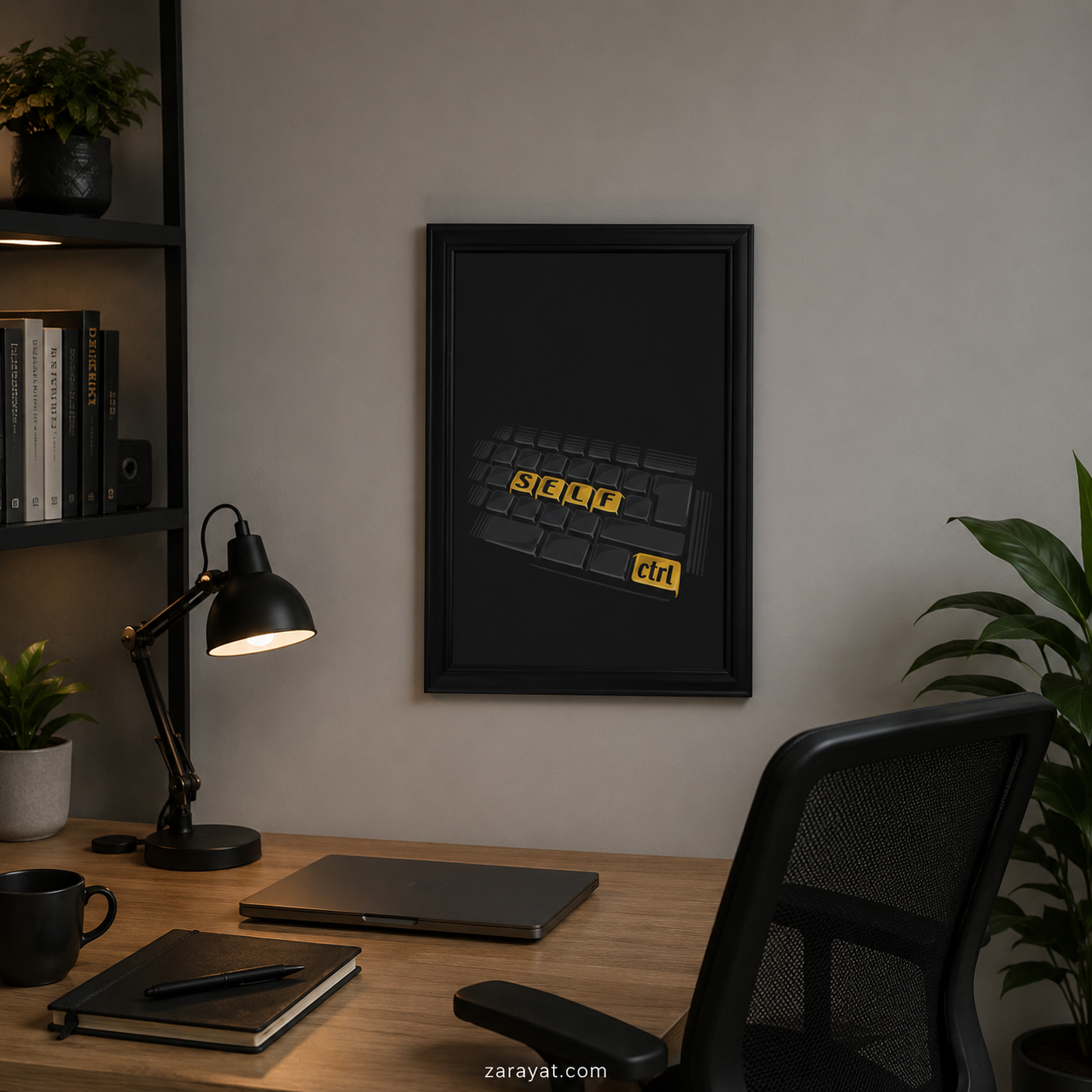 Self Control motivational wall art featuring a dark keyboard with yellow SELF and Ctrl keys