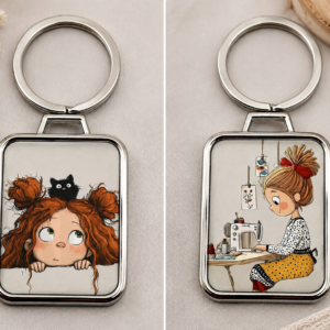 Cute sewing keychain featuring illustrated girl, black cat and sewing machine artwork