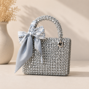 Silver Crystal Beaded Handmade Handbag with Scarf Bow