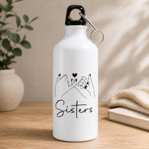 White sister gift water bottle with "Sisters" design, linked hands and red heart