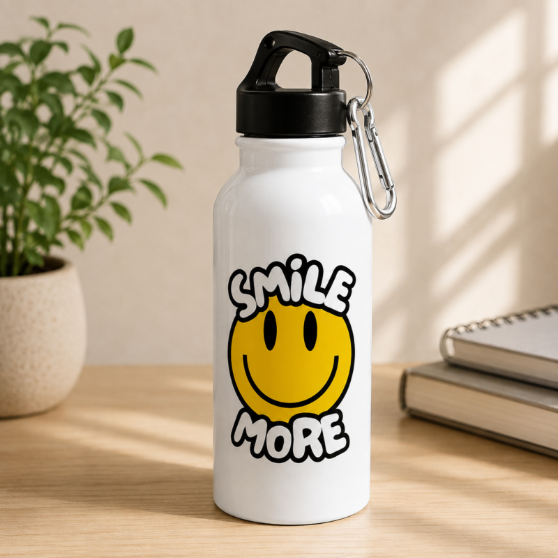 Smile More motivational water bottle with yellow smiley face and black lid