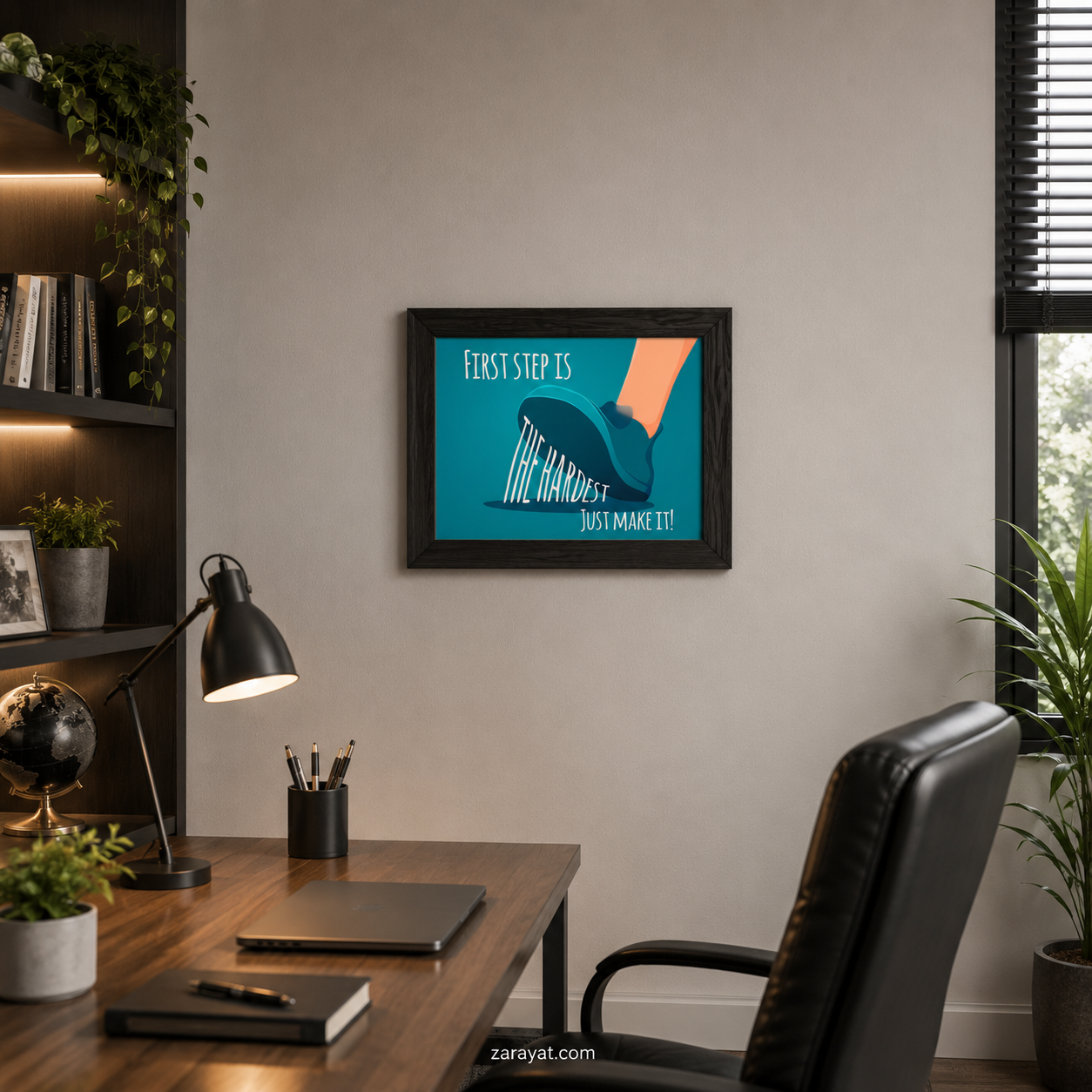 Step by step motivational wall art poster with athletic shoe illustration on teal background
