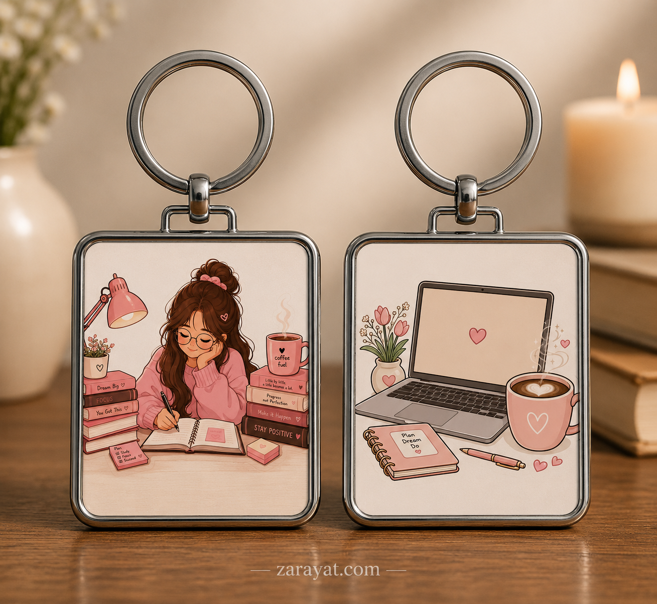 Study keychain with cozy student, books, coffee and laptop designs
